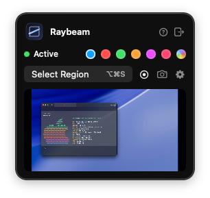 Raybeam menu bar window showing region capture controls