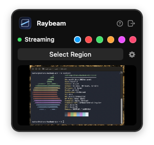 Raybeam menu bar window showing region capture controls